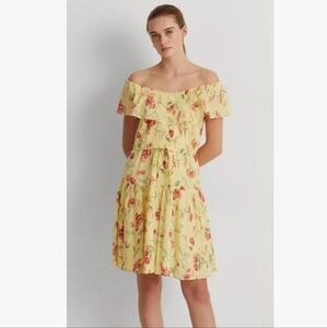 Lauren Ralph Lauren Yellow Floral Crinkled Cotton Dress Off the Shoulder Boho 12
